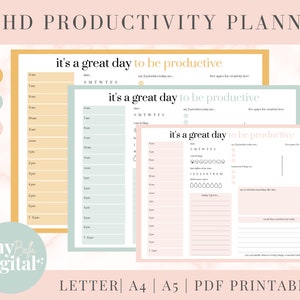 Peut inclure: Trois pages de planificateur de productivité imprimables avec le texte "c'est une belle journée pour être productif". Les pages sont en jaune, vert et rose avec un horaire quotidien, un espace pour les listes de tâches et une section pour les notes.