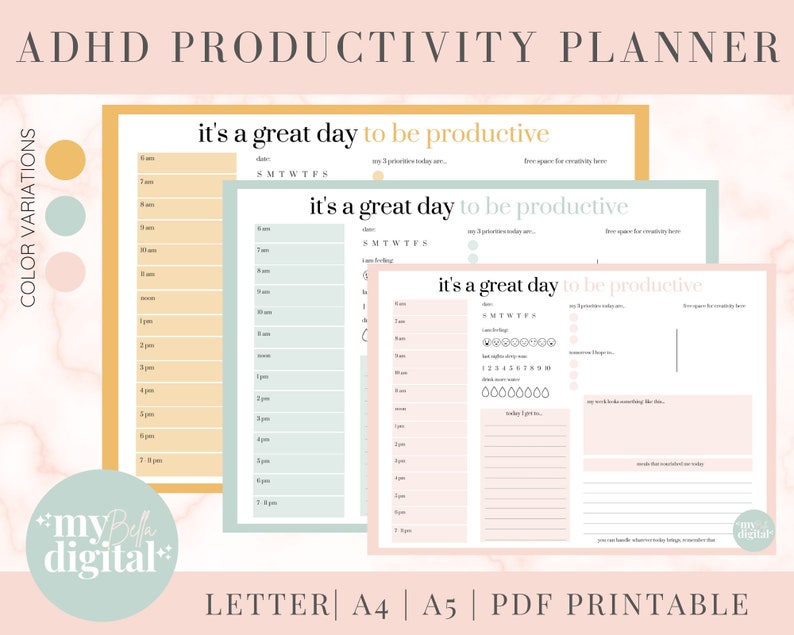 Puede incluir: Tres p&aacute;ginas de planificador de productividad imprimibles con el texto "es un gran d&iacute;a para ser productivo". Las p&aacute;ginas son de color amarillo, verde y rosa con un horario diario, espacio para listas de tareas y una secci&oacute;n para notas.