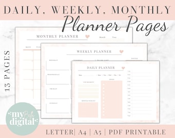 Dagelijkse planner, wekelijkse planner, maandelijkse planner, afdrukbare planner, 2022 planner wekelijks en maandelijks, digitale download, direct downloaden, PDF