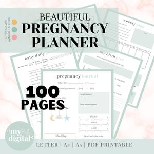 May include: A digital pregnancy planner with 100 pages in PDF format, including sections for a pregnancy journal, baby daily planner, weekly plan, and birth plan. The pages feature light green accents, black text, and illustrations of a baby mobile.