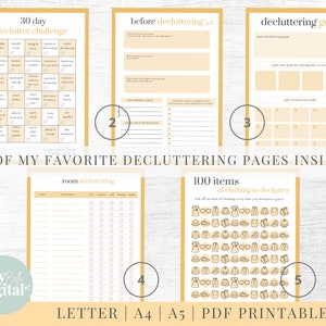 May include: Five printable decluttering pages with a yellow and white color scheme. The pages include a 30-day decluttering challenge, a before decluttering checklist, a decluttering goal page, a room decluttering checklist, and a 100 items of clothing to declutter page.