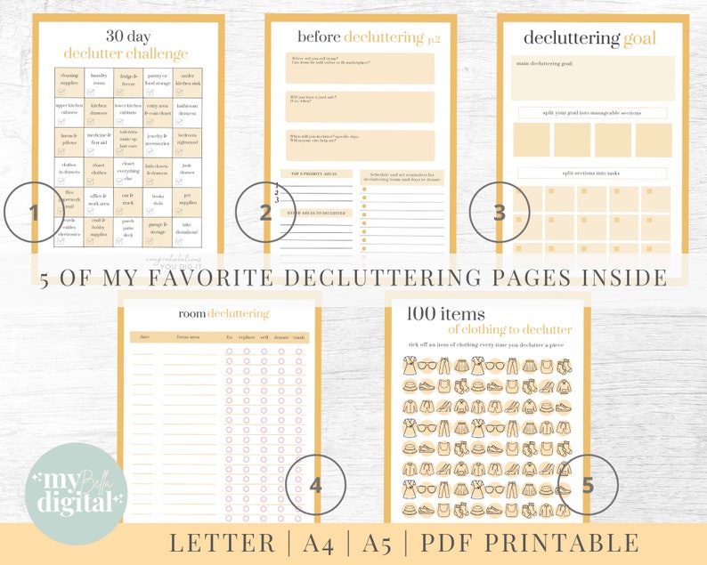 May include: Five printable decluttering pages with a yellow and white color scheme. The pages include a 30-day decluttering challenge, a before decluttering checklist, a decluttering goal page, a room decluttering checklist, and a 100 items of clothing to declutter page.