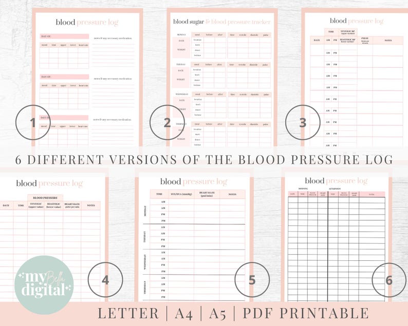 May include: Six different printable versions of a blood pressure log. Each version has a different layout and includes space to record blood pressure readings, time, date, and other relevant information. The logs are designed for easy tracking and monitoring of blood pressure.