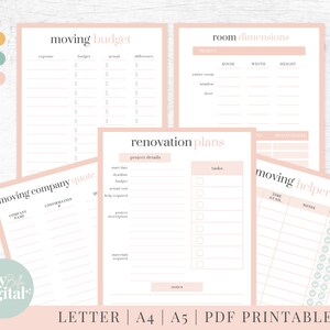 May include: Printable checklist for planning a move. Includes sections for moving budget, moving company quotes, renovation plans, room dimensions, and moving helpers. The checklist is in a pink and green color scheme.