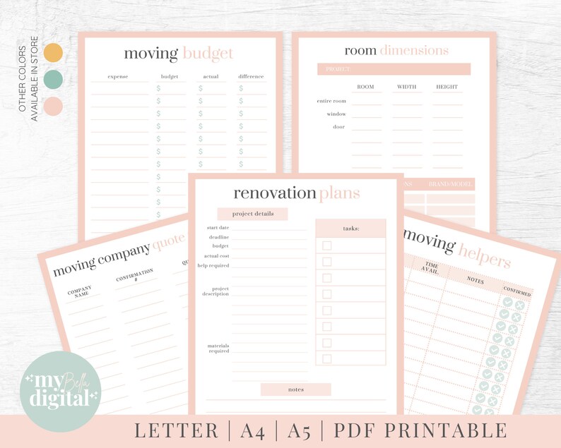 May include: Printable checklist for planning a move. Includes sections for moving budget, moving company quotes, renovation plans, room dimensions, and moving helpers. The checklist is in a pink and green color scheme.