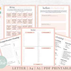 May include: Printable decluttering and cleaning checklist with a 30-day declutter challenge, home maintenance schedule, and cleaning checklist for different rooms. The checklist is pink and white with a light pink background.