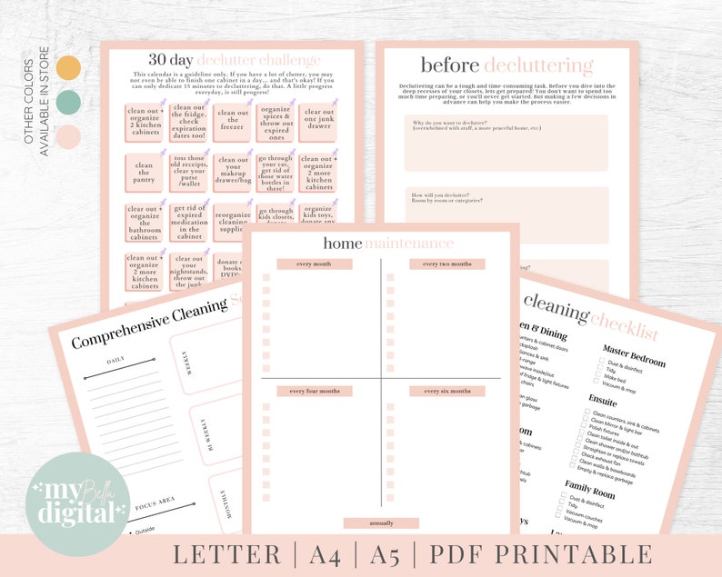 May include: Printable decluttering and cleaning checklist with a 30-day declutter challenge, home maintenance schedule, and cleaning checklist for different rooms. The checklist is pink and white with a light pink background.