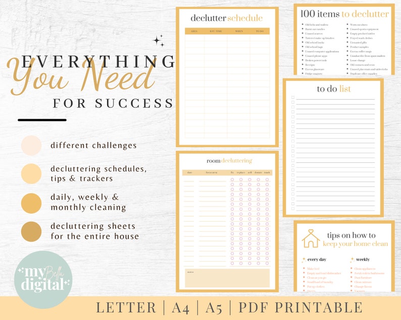 May include: A printable decluttering guide with a yellow and white color scheme. The guide includes a decluttering schedule, a to-do list, a room decluttering checklist, and tips on how to keep your home clean. The text "EVERYTHING YOU NEED FOR SUCCESS" is at the top of the page.