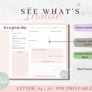 Puede incluir: Un planificador diario imprimible rosa y blanco con secciones para un horario diario, una lista de tareas y una lista de verificaci&oacute;n de prioridades. El planificador tambi&eacute;n incluye secciones para realizar un seguimiento de las emociones, el sue&ntilde;o y las comidas. El texto "See What's Inside" est&aacute; en la parte superior del planificador.