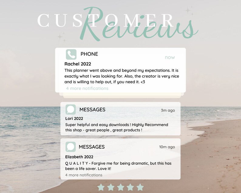 Puede incluir: Una captura de pantalla de rese&ntilde;as de clientes para un producto. Las rese&ntilde;as se muestran en un cuadro blanco con un icono azul y texto. Las rese&ntilde;as son positivas y mencionan que el producto es &uacute;til, f&aacute;cil de usar y un salvavidas. El fondo es una imagen borrosa de una playa.