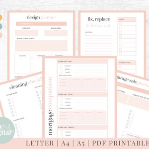 May include: Printable planner pages in pink and white with headings for design planner, cleaning checklist, mortgage comparison, fix, replace & throw out, and garage sale planner. The pages include sections for notes, to fix, to throw out, items to sell, and throw out if not sold. The pages also include sections for room size, budget, room style ideas, colors, patterns, materials, company one, company two, company three, contact phone, email, financial broker, and online listing.