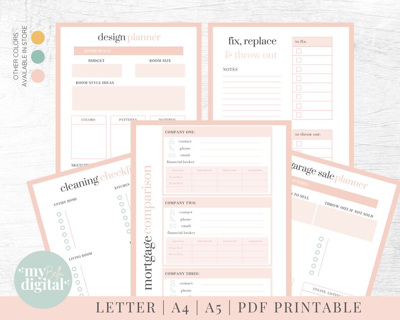 May include: Printable planner pages in pink and white with headings for design planner, cleaning checklist, mortgage comparison, fix, replace & throw out, and garage sale planner. The pages include sections for notes, to fix, to throw out, items to sell, and throw out if not sold. The pages also include sections for room size, budget, room style ideas, colors, patterns, materials, company one, company two, company three, contact phone, email, financial broker, and online listing.
