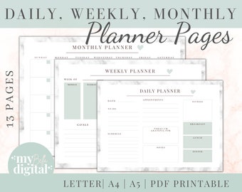 Dagelijkse planner, wekelijkse planner, maandelijkse planner, afdrukbare planner, 2022 planner wekelijks en maandelijks, digitale download, direct downloaden, PDF