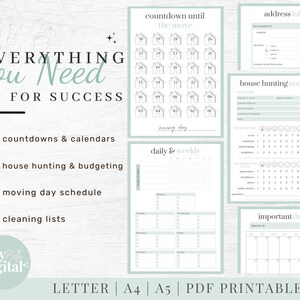 May include: A printable checklist for moving, with sections for countdowns, house hunting, budgeting, moving day schedule, cleaning lists, and important dates. The checklist is designed in a light green and white color scheme with a simple, modern design.