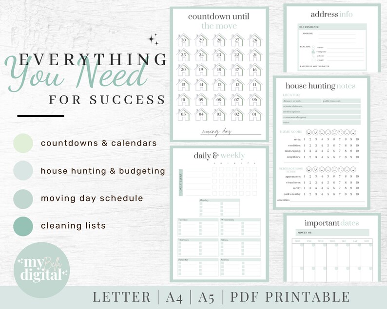 May include: A printable checklist for moving, with sections for countdowns, house hunting, budgeting, moving day schedule, cleaning lists, and important dates. The checklist is designed in a light green and white color scheme with a simple, modern design.
