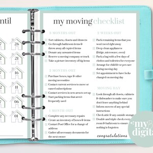 May include: A printable checklist for moving, with a light blue background and green accents. The checklist is divided into sections for 3 months out, 2 months out, 1 month out, 2 weeks out, and moving day. Each section includes a list of tasks to complete, such as sorting cabinets, contacting services, packing items, and checking appliances.