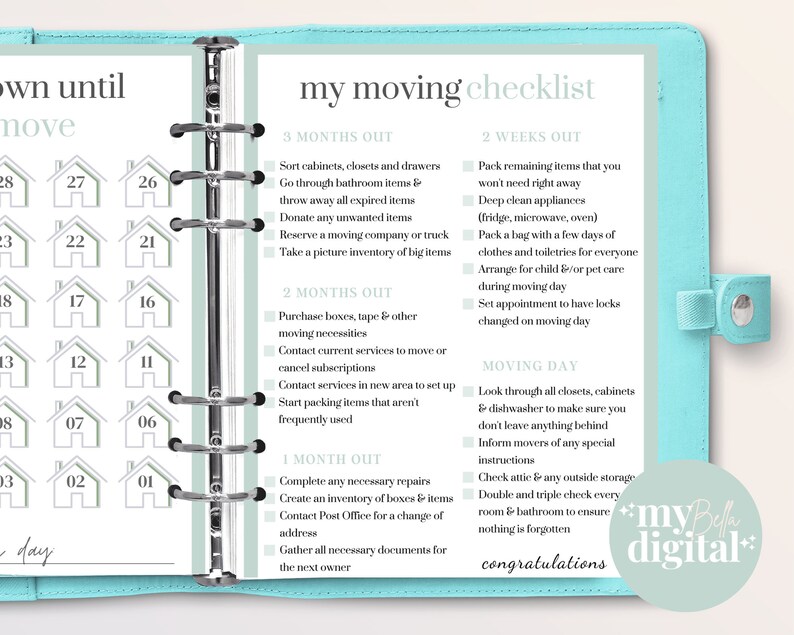 May include: A printable checklist for moving, with a light blue background and green accents. The checklist is divided into sections for 3 months out, 2 months out, 1 month out, 2 weeks out, and moving day. Each section includes a list of tasks to complete, such as sorting cabinets, contacting services, packing items, and checking appliances.