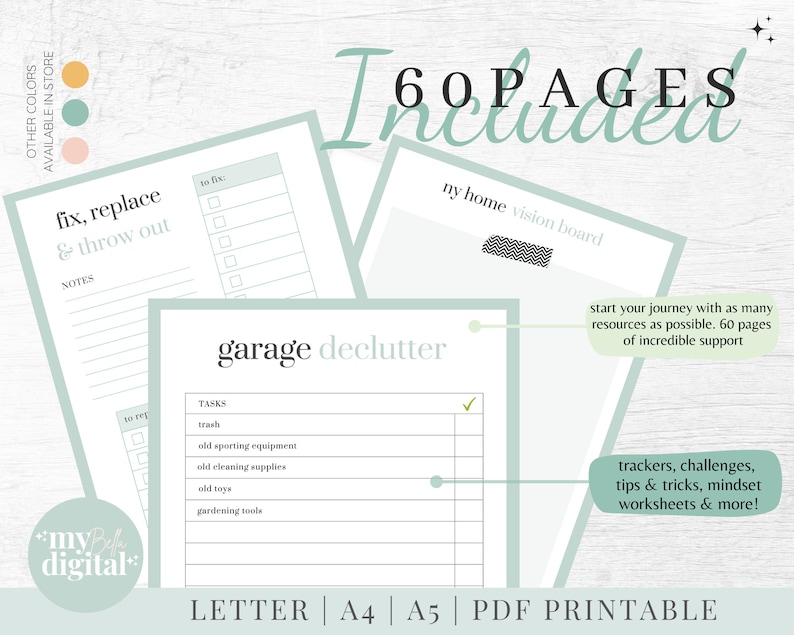 May include: Digital printable planner pages with a minimalist design. The pages include a "fix, replace & throw out" checklist, a "garage declutter" task list, and a vision board. The text "60 PAGES INCLUDED" is at the top. The planner is available in Letter, A4, and A5 sizes.