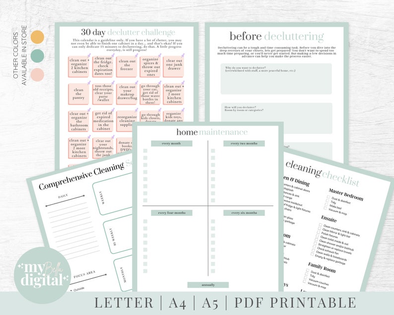 May include: A collection of printable PDF pages with a minimalist design. The pages include a 30-day declutter challenge, a 'before decluttering' guide, a home maintenance schedule, and a cleaning checklist. The text is in a soft, muted green color.