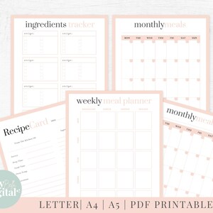 May include: Printable meal planner set with a pink and white color scheme. The set includes a weekly meal planner, a monthly meal planner, a recipe card, and an ingredients tracker.