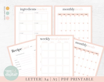 Printable Meal Planner, Digital Weekly Meal Planner, Editable Recipe Card, Monthly Meals, Ingredients Tracker, A4 A5 PDF Printable