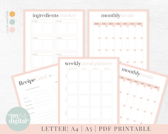Printable Meal Planner, Digital Weekly Meal Planner, Editable Recipe Card, Monthly Meals, Ingredients Tracker, A4 A5 PDF Printable
