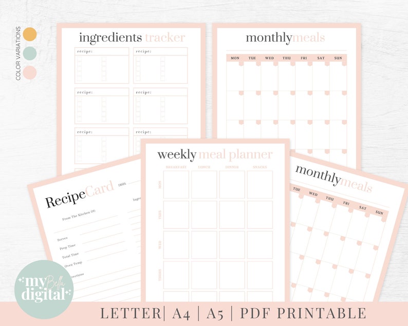 May include: Printable meal planner set with a pink and white color scheme. The set includes a weekly meal planner, a monthly meal planner, a recipe card, and an ingredients tracker.