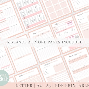 May include: A collection of printable pages for a health and wellness journal. The pages include sections for tracking blood pressure, blood sugar, stress, daily activities, family history, and caregiver information. The pages are designed in a pink and white colour scheme with a minimalist aesthetic.