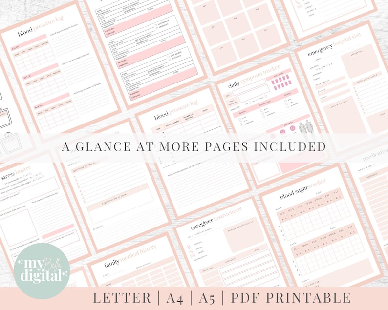 May include: A collection of printable pages for a health and wellness journal. The pages include sections for tracking blood pressure, blood sugar, stress, daily activities, family history, and caregiver information. The pages are designed in a pink and white colour scheme with a minimalist aesthetic.