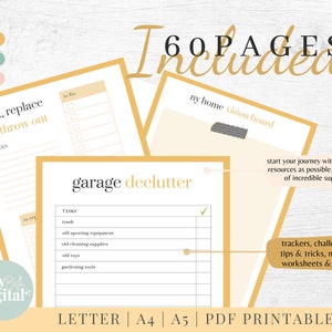 May include: A printable garage decluttering guide with 60 pages of checklists, trackers, and worksheets. The guide includes sections for "fix, replace & throw out", "tasks", and a "vision board".
