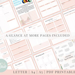 May include: A printable PDF planner for moving day with pages for house hunting, moving day essentials, cleaning tasks, and moving tips and hacks. The pages are pink with black text and illustrations.