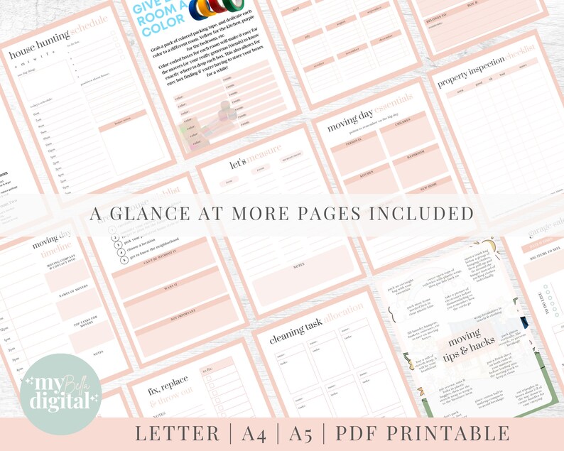 May include: A printable PDF planner for moving day with pages for house hunting, moving day essentials, cleaning tasks, and moving tips and hacks. The pages are pink with black text and illustrations.
