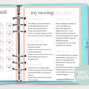 May include: A pink and white checklist for moving with a calendar countdown of days until the move. The checklist includes tasks to complete 3 months, 2 months, 1 month, 2 weeks, and on moving day. The text "my moving checklist" is at the top of the page.