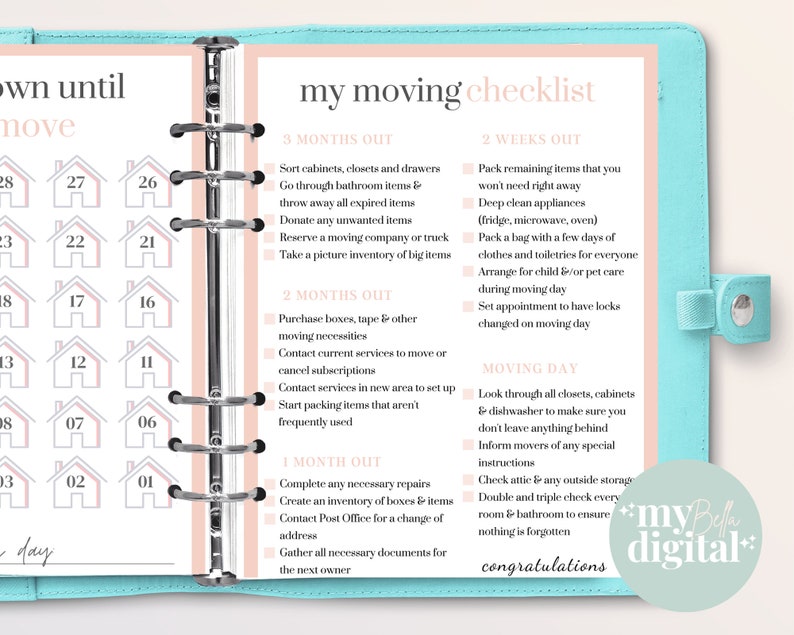 May include: A pink and white checklist for moving with a calendar countdown of days until the move. The checklist includes tasks to complete 3 months, 2 months, 1 month, 2 weeks, and on moving day. The text "my moving checklist" is at the top of the page.
