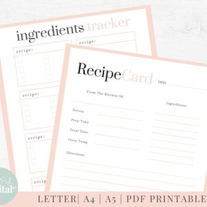 May include: Printable recipe card template with a pink background. The card has sections for the dish name, ingredients, serves, prep time, total time, oven temperature, and directions. The text "Recipe Card" is in a large, bold font at the top of the card.
