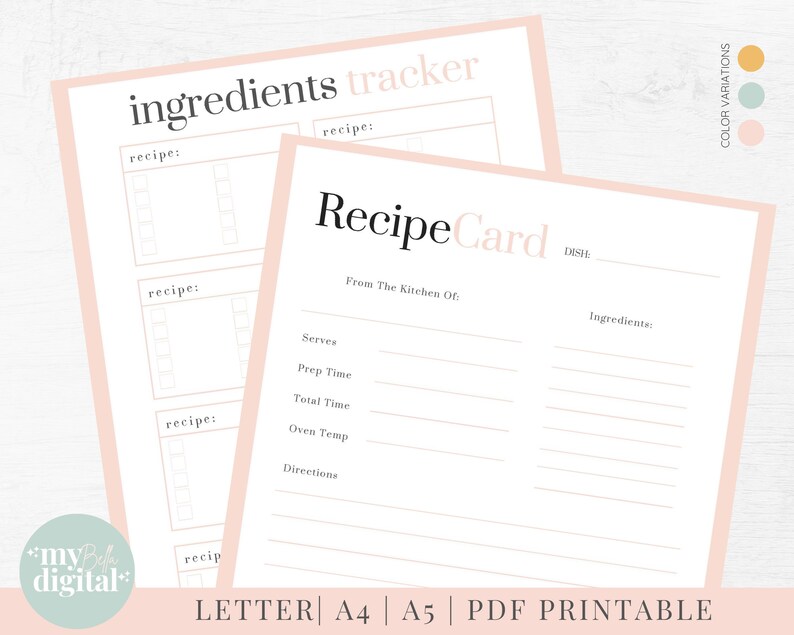 May include: Printable recipe card template with a pink background. The card has sections for the dish name, ingredients, serves, prep time, total time, oven temperature, and directions. The text "Recipe Card" is in a large, bold font at the top of the card.