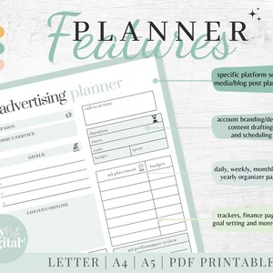 Peut inclure: Un planificateur imprimable avec un sch&eacute;ma de couleurs bleu clair et blanc. Le planificateur comprend une section pour la planification de la publicit&eacute; avec des champs pour la campagne, le produit/service, les objectifs, le plan du contenu, l'appel &agrave; l'action, la dur&eacute;e, le d&eacute;but, la fin, le budget et le placement des annonces. Le planificateur comprend &eacute;galement des sections pour l'organisation quotidienne, hebdomadaire, mensuelle et annuelle, ainsi que des suivis, des pages de finances et la d&eacute;finition d'objectifs.