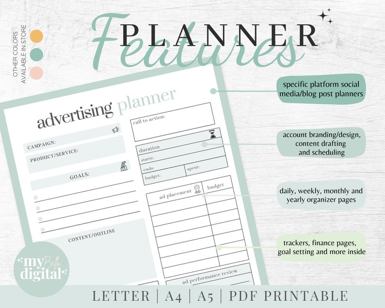 Peut inclure: Un planificateur imprimable avec un sch&eacute;ma de couleurs bleu clair et blanc. Le planificateur comprend une section pour la planification de la publicit&eacute; avec des champs pour la campagne, le produit/service, les objectifs, le plan du contenu, l'appel &agrave; l'action, la dur&eacute;e, le d&eacute;but, la fin, le budget et le placement des annonces. Le planificateur comprend &eacute;galement des sections pour l'organisation quotidienne, hebdomadaire, mensuelle et annuelle, ainsi que des suivis, des pages de finances et la d&eacute;finition d'objectifs.