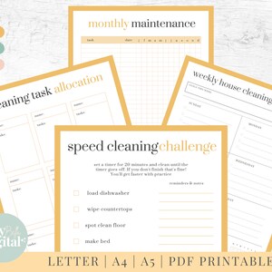 May include: Printable cleaning checklists and task allocation sheets with a yellow and white color scheme. The checklists include a weekly house cleaning checklist, a monthly maintenance checklist, a cleaning task allocation sheet, and a speed cleaning challenge.