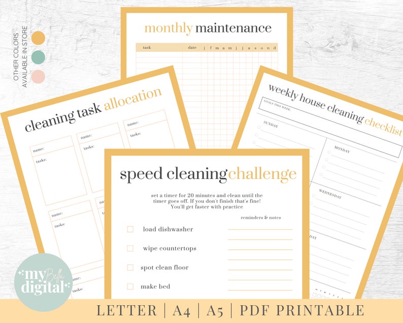 May include: Printable cleaning checklists and task allocation sheets with a yellow and white color scheme. The checklists include a weekly house cleaning checklist, a monthly maintenance checklist, a cleaning task allocation sheet, and a speed cleaning challenge.