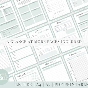 Peut inclure: Un ensemble de pages de planificateur imprimables dans un sch&eacute;ma de couleurs vert clair et blanc. Les pages comprennent des sections pour les objectifs mensuels, les t&acirc;ches quotidiennes, les audits des m&eacute;dias sociaux, les examens des publications, les listes d'influenceurs, les statistiques des abonn&eacute;s, les analyses d'entreprise et les d&eacute;penses. Le texte "A GLANCE AT MORE PAGES INCLUDED" est imprim&eacute; en noir en haut de la page.