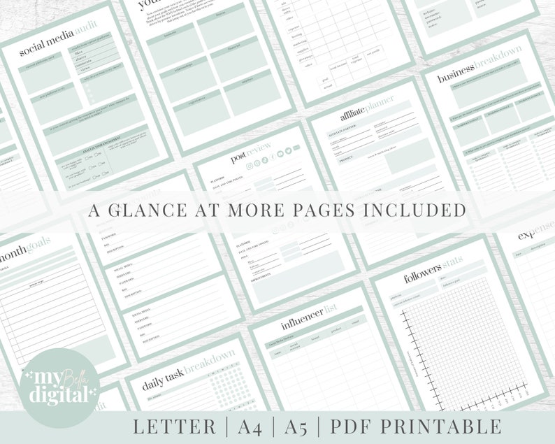 Peut inclure: Un ensemble de pages de planificateur imprimables dans un sch&eacute;ma de couleurs vert clair et blanc. Les pages comprennent des sections pour les objectifs mensuels, les t&acirc;ches quotidiennes, les audits des m&eacute;dias sociaux, les examens des publications, les listes d'influenceurs, les statistiques des abonn&eacute;s, les analyses d'entreprise et les d&eacute;penses. Le texte "A GLANCE AT MORE PAGES INCLUDED" est imprim&eacute; en noir en haut de la page.