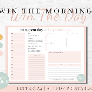 Puede incluir: Un planificador diario imprimible rosa y blanco con el texto "Win the Morning, Win the Day" y "It's a great day to be productive". El planificador incluye secciones para objetivos diarios, prioridades y una lista de tareas.