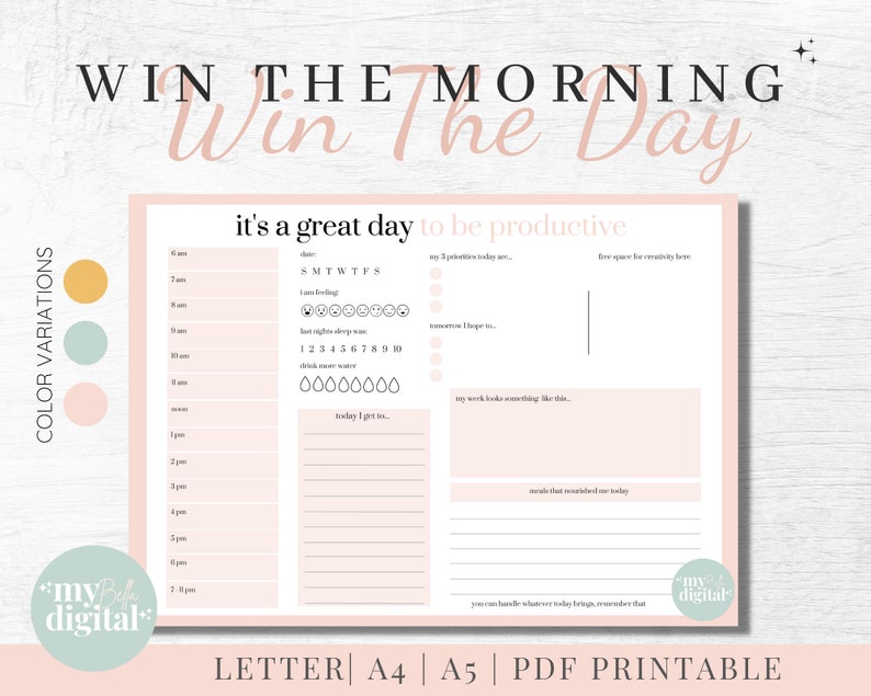 Puede incluir: Un planificador diario imprimible rosa y blanco con el texto "Win the Morning, Win the Day" y "It's a great day to be productive". El planificador incluye secciones para objetivos diarios, prioridades y una lista de tareas.