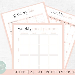 May include: Printable weekly meal planner and grocery list template. The planner has sections for breakfast, lunch, dinner, and snacks. The grocery list has sections for fruits and vegetables, dairy and eggs.