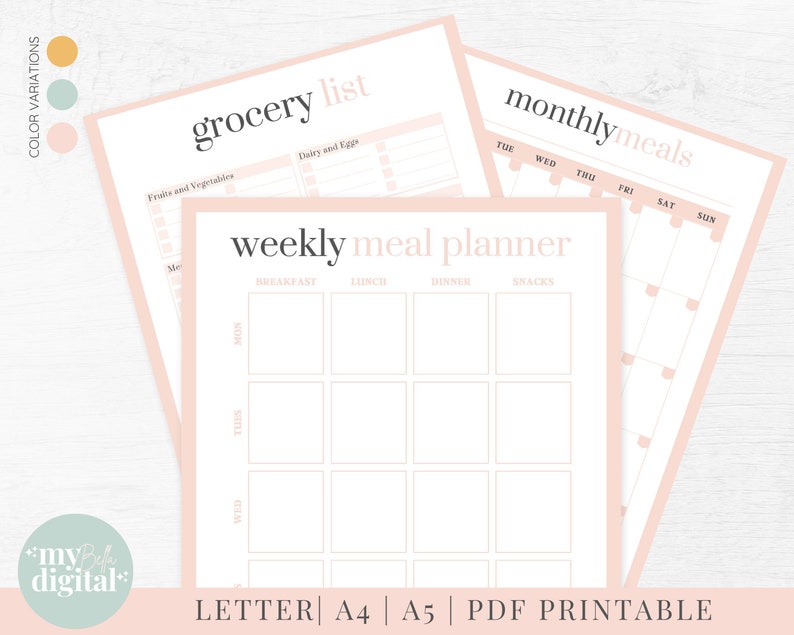 May include: Printable weekly meal planner and grocery list template. The planner has sections for breakfast, lunch, dinner, and snacks. The grocery list has sections for fruits and vegetables, dairy and eggs.
