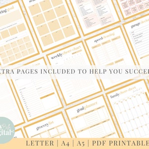 May include: A collection of printable planner pages with a yellow and white color scheme. The pages include sections for decluttering goals, weekly chore charts, speed cleaning, garage decluttering, cleaning routines, goal planners, family chore sheets, and grocery lists. The text "EXTRA PAGES INCLUDED TO HELP YOU SUCCEED" is printed in black on a white background.