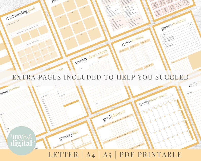 May include: A collection of printable planner pages with a yellow and white color scheme. The pages include sections for decluttering goals, weekly chore charts, speed cleaning, garage decluttering, cleaning routines, goal planners, family chore sheets, and grocery lists. The text "EXTRA PAGES INCLUDED TO HELP YOU SUCCEED" is printed in black on a white background.