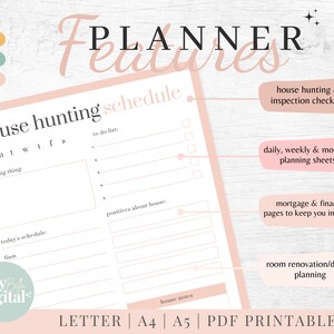 May include: Printable house hunting planner with pink and white design. Features include daily, weekly, and monthly planning sheets, house hunting and inspection checklists, mortgage and finance pages, and room renovation and design planning.