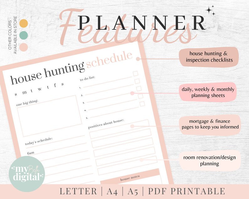 May include: Printable house hunting planner with pink and white design. Features include daily, weekly, and monthly planning sheets, house hunting and inspection checklists, mortgage and finance pages, and room renovation and design planning.